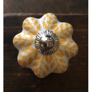 White with Yellow Leaf Pattern Ceramic Cupboard Knob